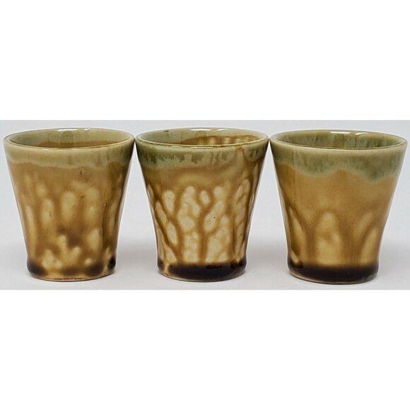 Drip Glaze Ceramic Shot Glasses Set of 3 Gold Yellow Japan 1.75" tall Vintage - Picture 4 of 7